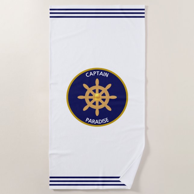 Nautical Golden Ship Wheel on White & Navy Blue Beach Towel (Front)