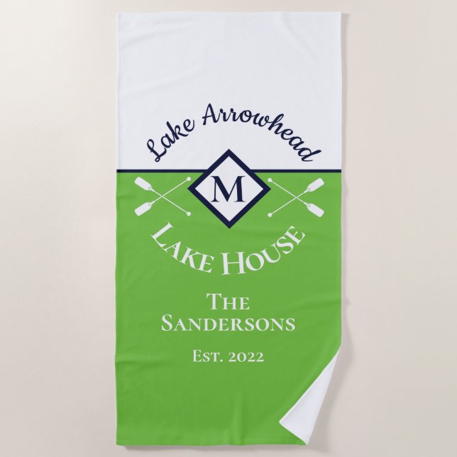 Nautical Green Navy Blue White Monogram Lake House Beach Towel (Front)