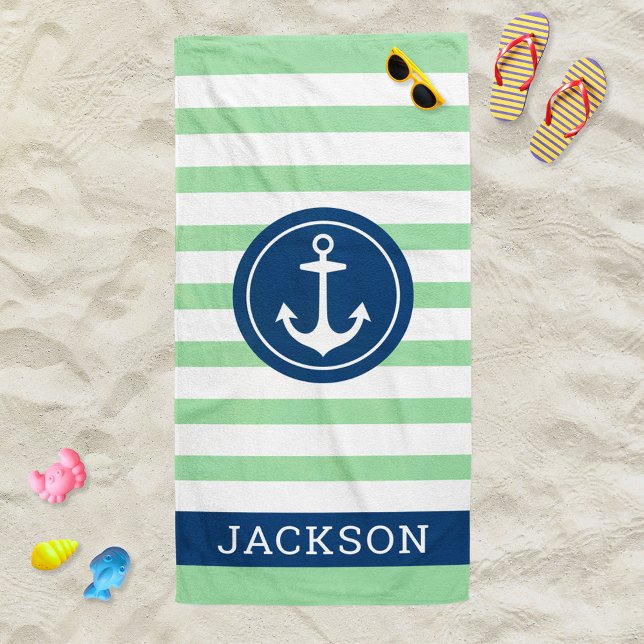 Nautical Green Stripe Anchor Monogram Name Beach Towel (Creator Uploaded)