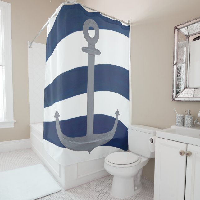 Nautical Grey Anchor Curved Blue and White Stripes Shower Curtain (In Situ)