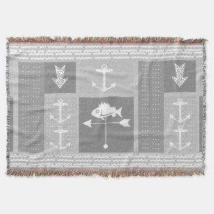 Nautical Grey Anchor Fish Weather Vane Pattern Throw Blanket