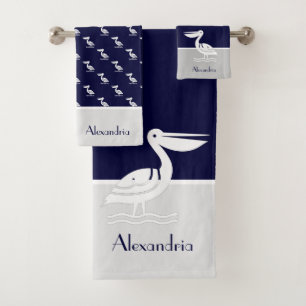 Nautical Grey and Navy Blue White Pelican Bath Towel Set
