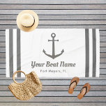 Nautical Grey and White Custom Boat Name Beach Towel<br><div class="desc">Nautical beach towel in a horizontal format features an elegant boat anchor with preppy horizontal stripes. Personalise the custom text with your boat name and location. Design includes a classic coastal grey and white colour scheme.</div>