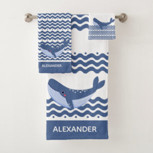Nautical Grey Blue White Whale Waves   Bath Towel Set