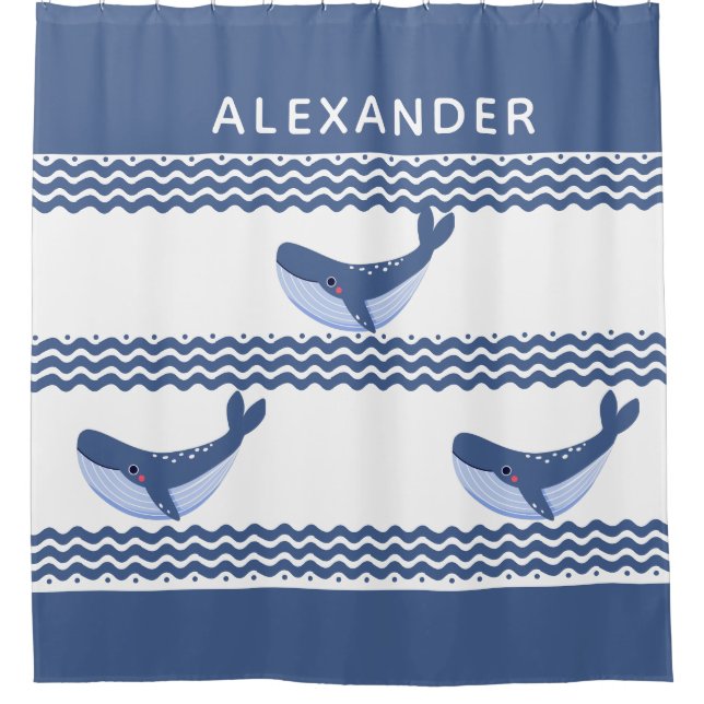 Nautical Grey Blue White Whale Waves   Shower Curtain (Front)