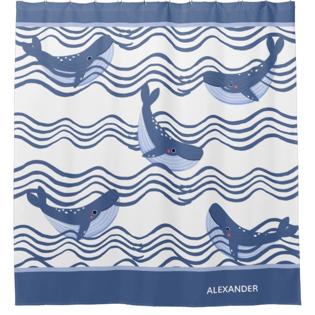 Nautical Grey Blue White Whale Waves Shower Curtain (Front)