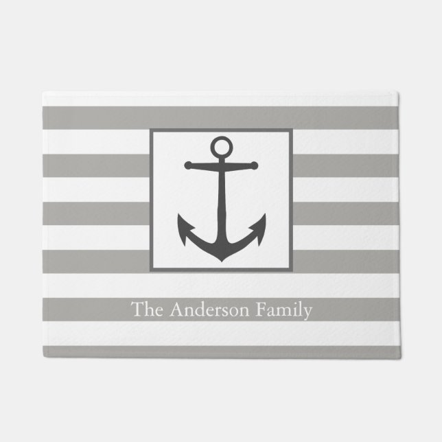 Nautical Grey Stripes & Anchor Family Name Doormat (Front)