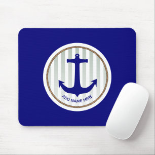 Nautical Grey Stripes and Blue Anchor Mouse Mat