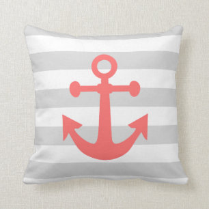 Nautical Grey Stripes Coral Anchor Cushion