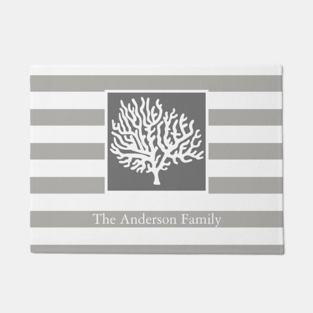 Nautical Grey Stripes & Coral Tree Family Name Doormat (Front)