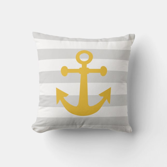 Nautical Grey Stripes Mustard Yellow Anchor Outdoor Cushion (Front)