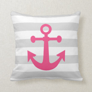 Nautical Grey Stripes Pink Anchor Cushion
