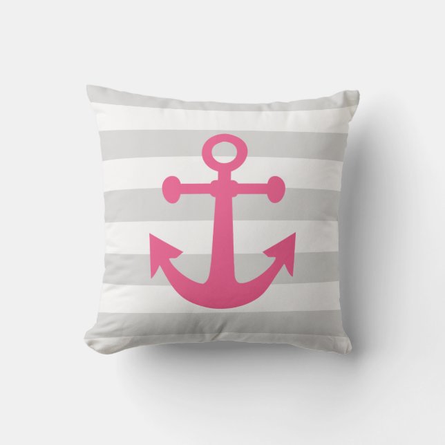 Nautical Grey Stripes Pink Anchor Outdoor Cushion (Front)