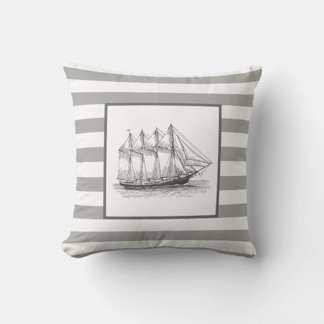 Nautical Grey Stripes & Vintage Schooner Ship Cushion (Front)