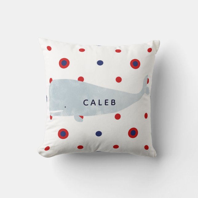 Nautical Grey Watercolor Whale Red Blue Name Cushion (Front)