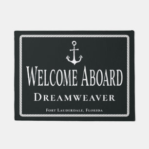 Nautical Grey Welcome Aboard Boat Name Anchor Doormat