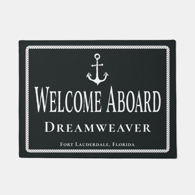 Nautical Grey Welcome Aboard Boat Name Anchor Doormat (Front)