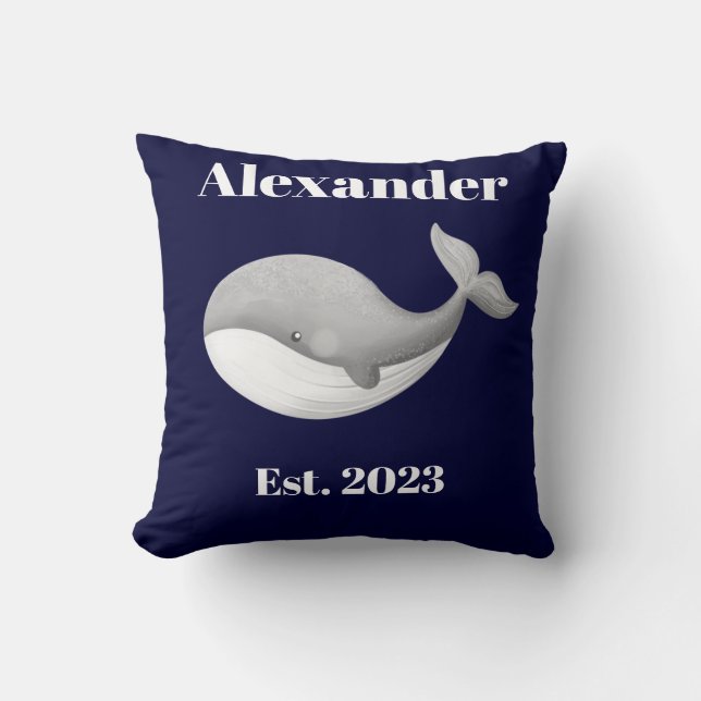 Nautical Grey Whale Stripes  White and Navy Blue Cushion (Front)