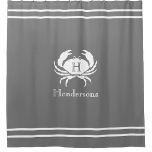 Nautical Grey White Crab Monogram Name Shower Curtain
