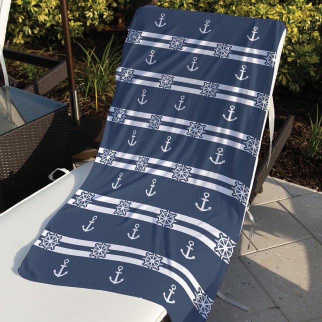 Nautical Grey & White Stripes, Anchor & Ship Wheel Beach Towel (Creator Uploaded)