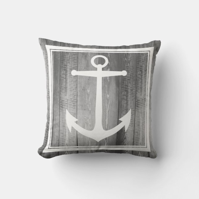 Nautical Grey Wood White Anchor Family Name Cushion (Front)