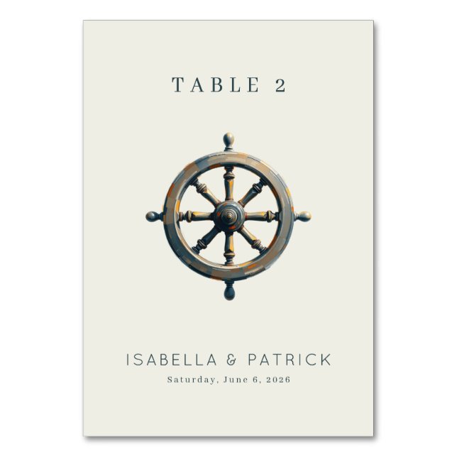 Nautical Grey Wooden Ship's Wheel Table Number (Front)
