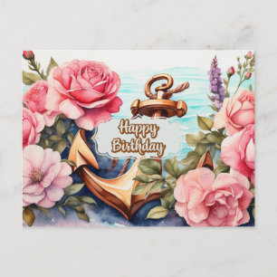 Nautical Happy Birthday Ocean, Anchor, Pink Roses Postcard