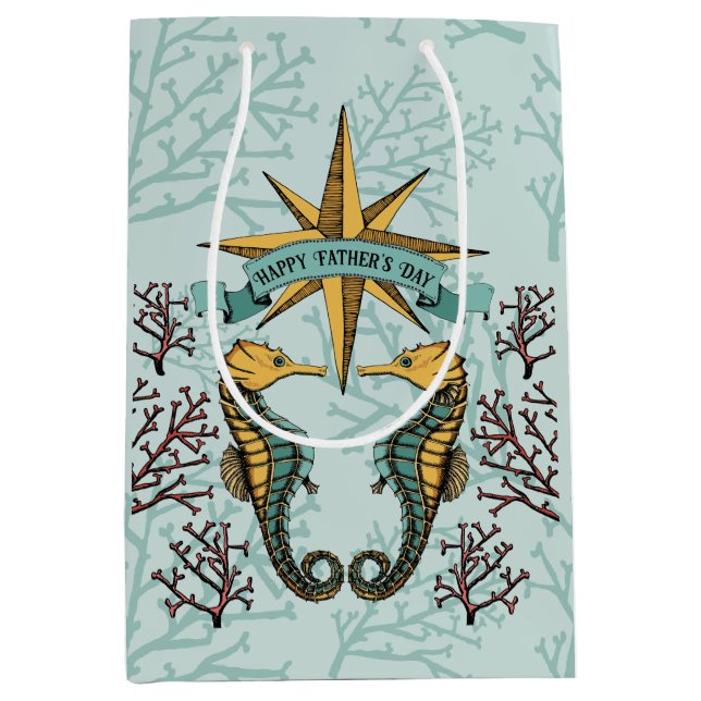 Nautical Happy Fathers Day Seahorse & Coral Photo Medium Gift Bag (Front)