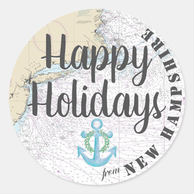 Nautical Happy Holidays from New Hampshire Classic Round Sticker (Front)