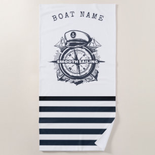 Nautical Hat, Anchor,Wheel Navy Blue Striped Beach Towel