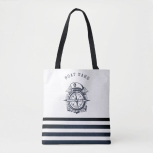 Nautical Hat, Anchor,Wheel Navy Blue Striped Tote Bag