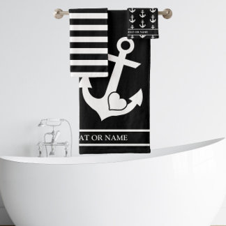 Nautical Heart Anchor Black & White Stripes Custom Bath Towel Set