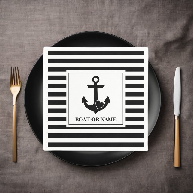 Nautical Heart Anchor Boat Black White Striped Napkin (Creator Uploaded)