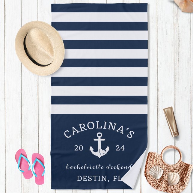 Nautical Heart Bachelorette Weekend Navy & White Beach Towel (Creator Uploaded)