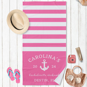 Nautical Heart Bachelorette Weekend Pink & White Beach Towel