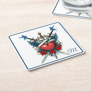 Nautical Heart Floral Red Blue Square Paper Coaster