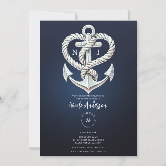 Nautical Heart Rope Anchor Coastal Navy Bridal  Invitation (Front)