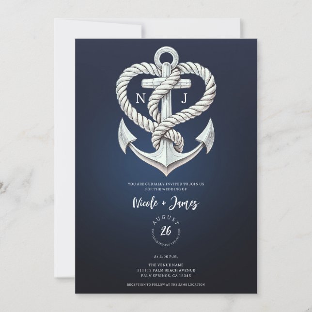 Nautical Heart Rope Anchor Coastal Navy Wedding Invitation (Front)