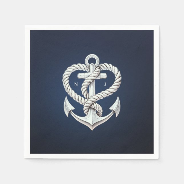 Nautical Heart Rope Anchor Coastal Navy Wedding Napkin (Front)