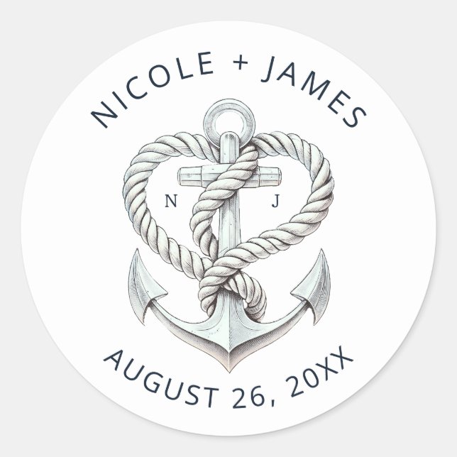 Nautical Heart Rope Anchor Coastal Wedding Classic Round Sticker (Front)