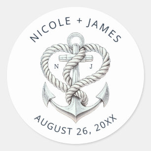 Nautical Heart Rope Anchor Coastal Wedding Classic Round Sticker