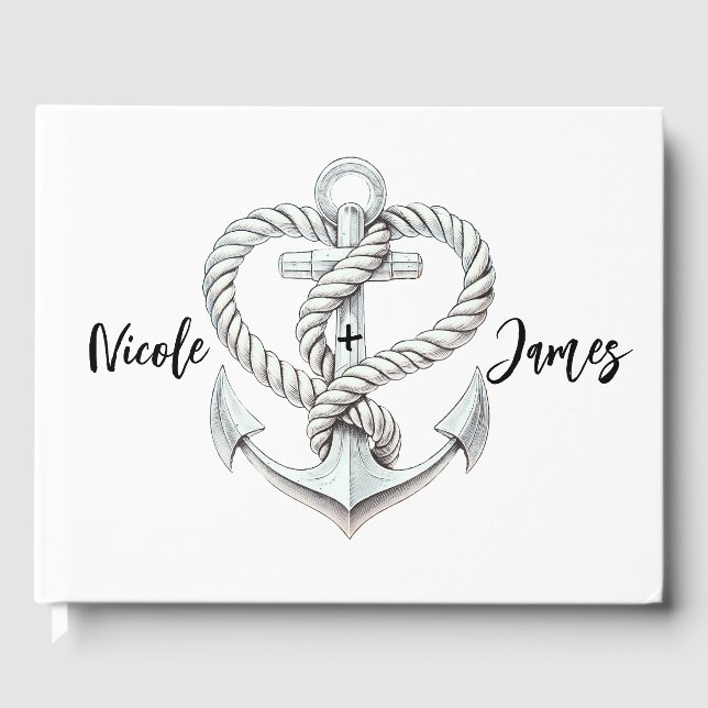 Nautical Heart Rope Anchor Coastal Wedding Guest Book (Front)