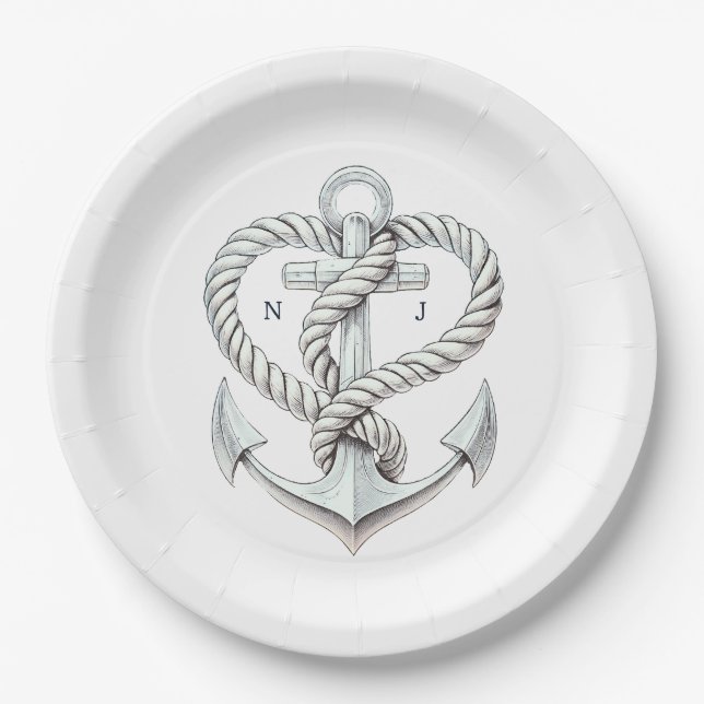 Nautical Heart Rope Anchor Coastal Wedding Paper Plate (Front)