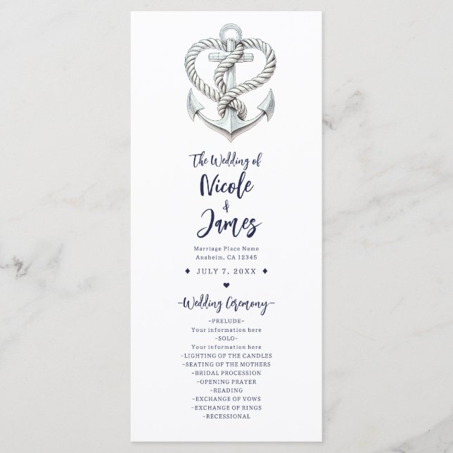 Nautical Heart Rope Anchor Coastal Wedding Program Programme (Front)