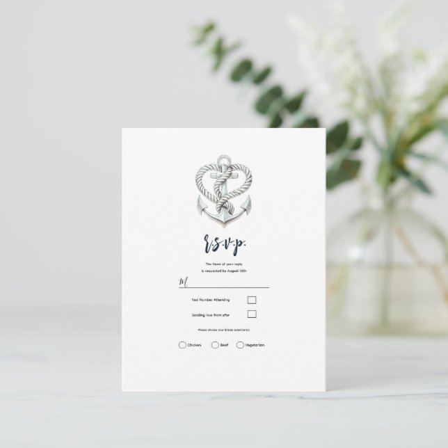 Nautical Heart Rope Anchor Coastal Wedding RSVP Invitation (Standing Front)