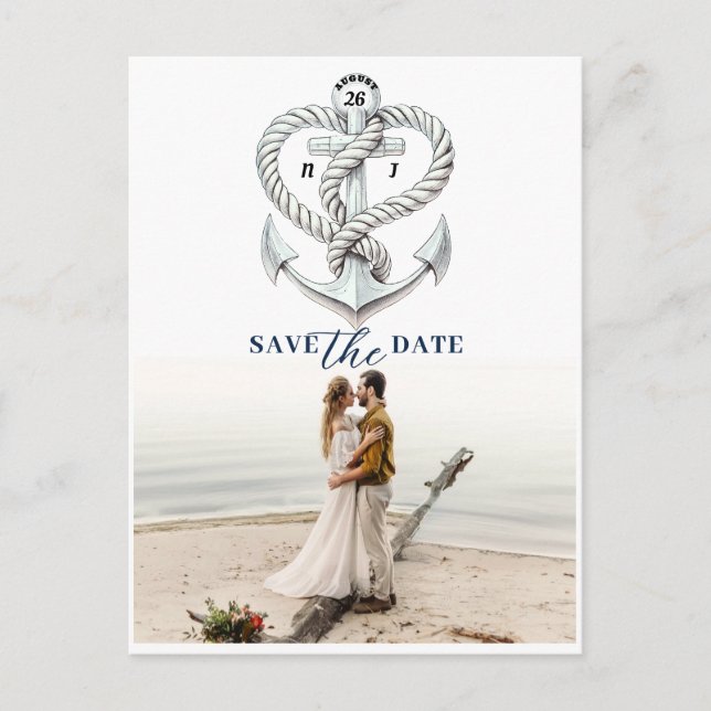 Nautical Heart Rope Anchor Photo Save the Date Announcement Postcard (Front)