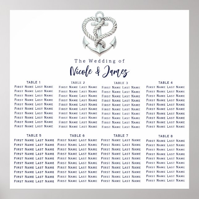 Nautical Heart Rope Anchor Wedding Seating Chart (Front)