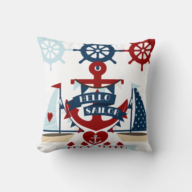 Nautical Hello Sailor Anchor Sail Boat Design Cushion (Front)