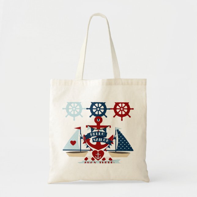 Nautical Hello Sailor Anchor Sail Boat Design Tote Bag (Front)