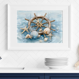 Nautical Helm Coastal Wall Art Print   Wall Poster